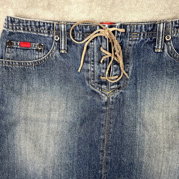 Vintage Denim Mini Skirt Lace Front Womens M Y2K Grunge - Picture 2 of 8